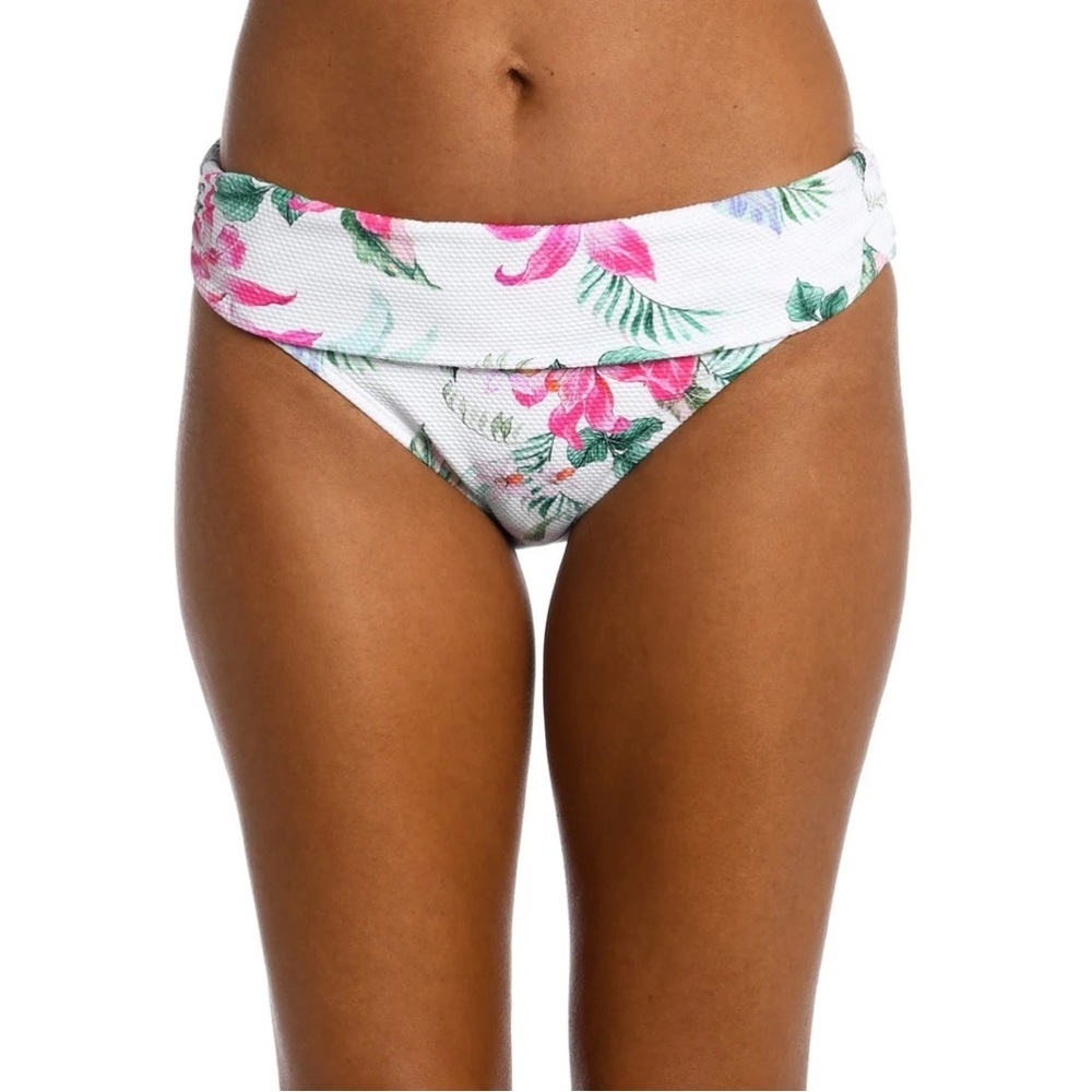 La Blanca White Floral Fold-Over Bikini Bottoms with Pink & Green Print